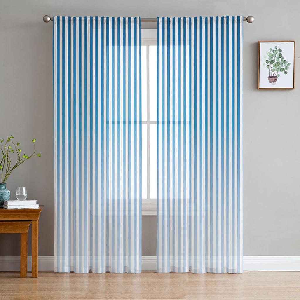 Weiß Blaue Streifen Geometrisch Transparente Vorhänge Fensterdekoration für Küche Wohnzimmer Schlafzimmer Dekoration Moderne Tüllvorhänge