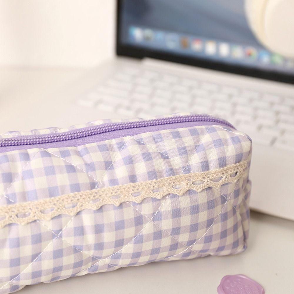High Quality Fresh Plaid Design Pen Bag Large Capacity Multifunctional Storage Bag Portable Cosmetic Bag School Office