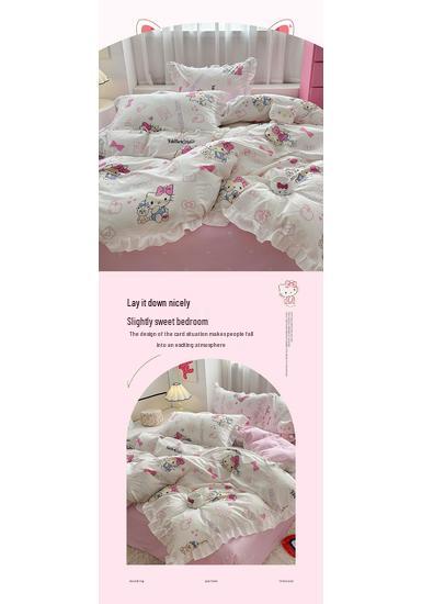 Official Sanrio Hello Kitty All-Cotton 4-Piece Bedding Set - Sheet, Pillowcase & Bed Skirt for Dorms