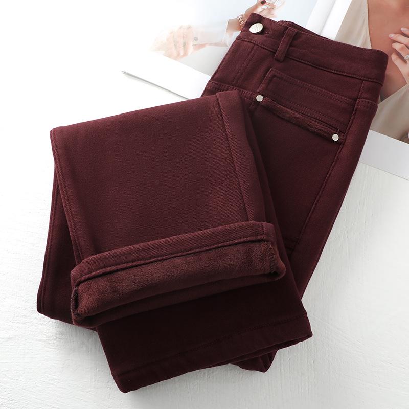 Ancola Women's 2024 Red Fleece-Lined High-Waisted Wide-Leg Jeans - Autumn/Winter Retro Style