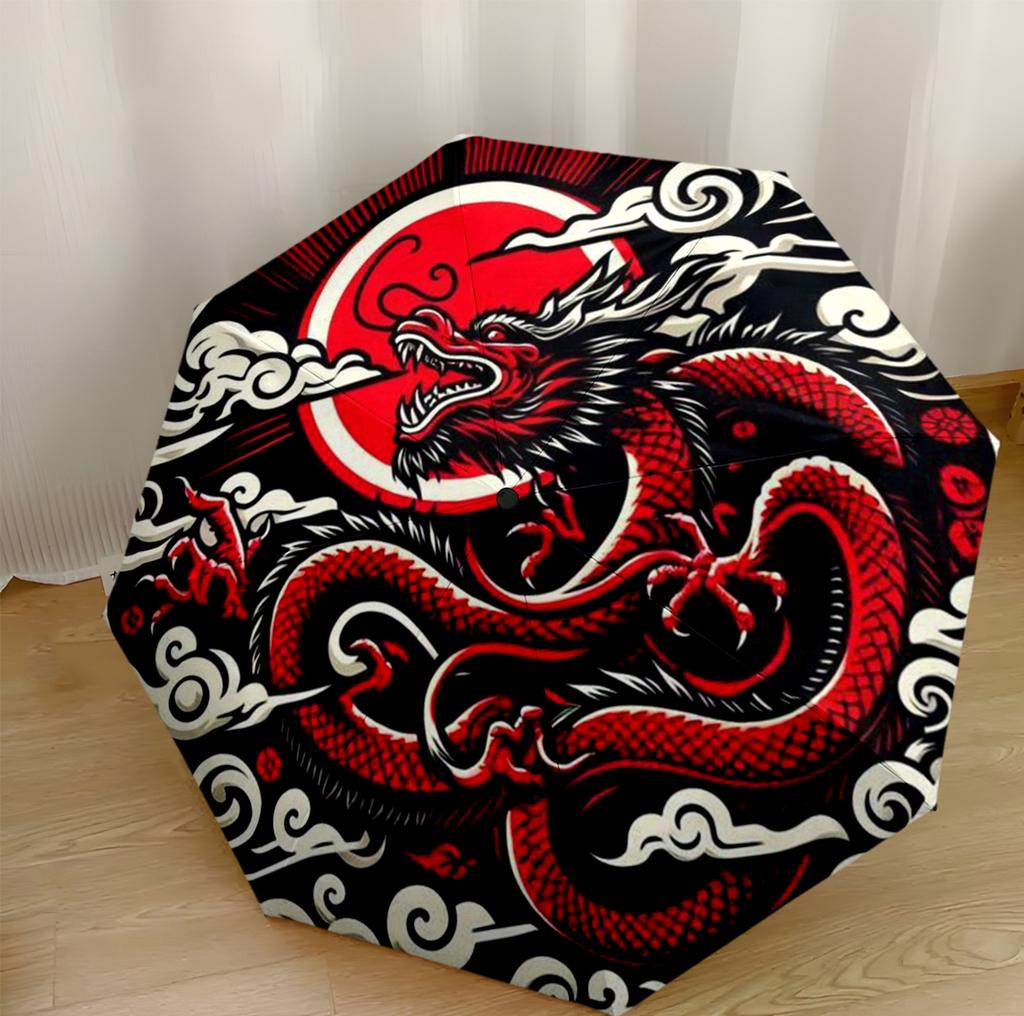 Red Dragon Circle Portable Automatic Umbrella Compact & Durable 8-Rib Design Lightweight Travel Essential Elegant Women's Umbrella