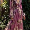 2025 Summer Women's V-Neck Long-Sleeved Printed Swing Dress