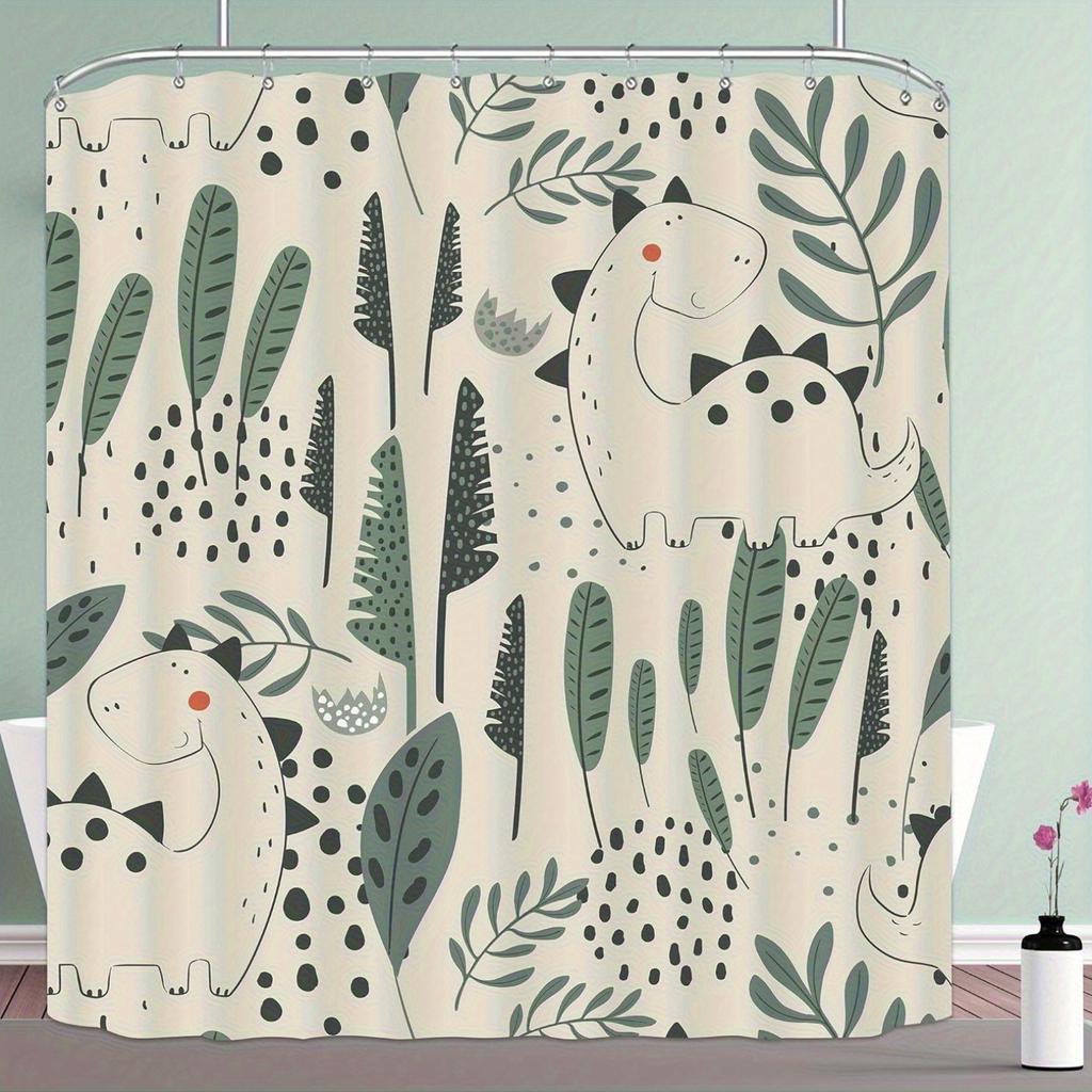 1Pc Funny Dinosaur Shower Curtain Cute Dino Cartoon Animals Tropical Leaves Plant Beige Green Bathroom Decor 12 Pack Hooks