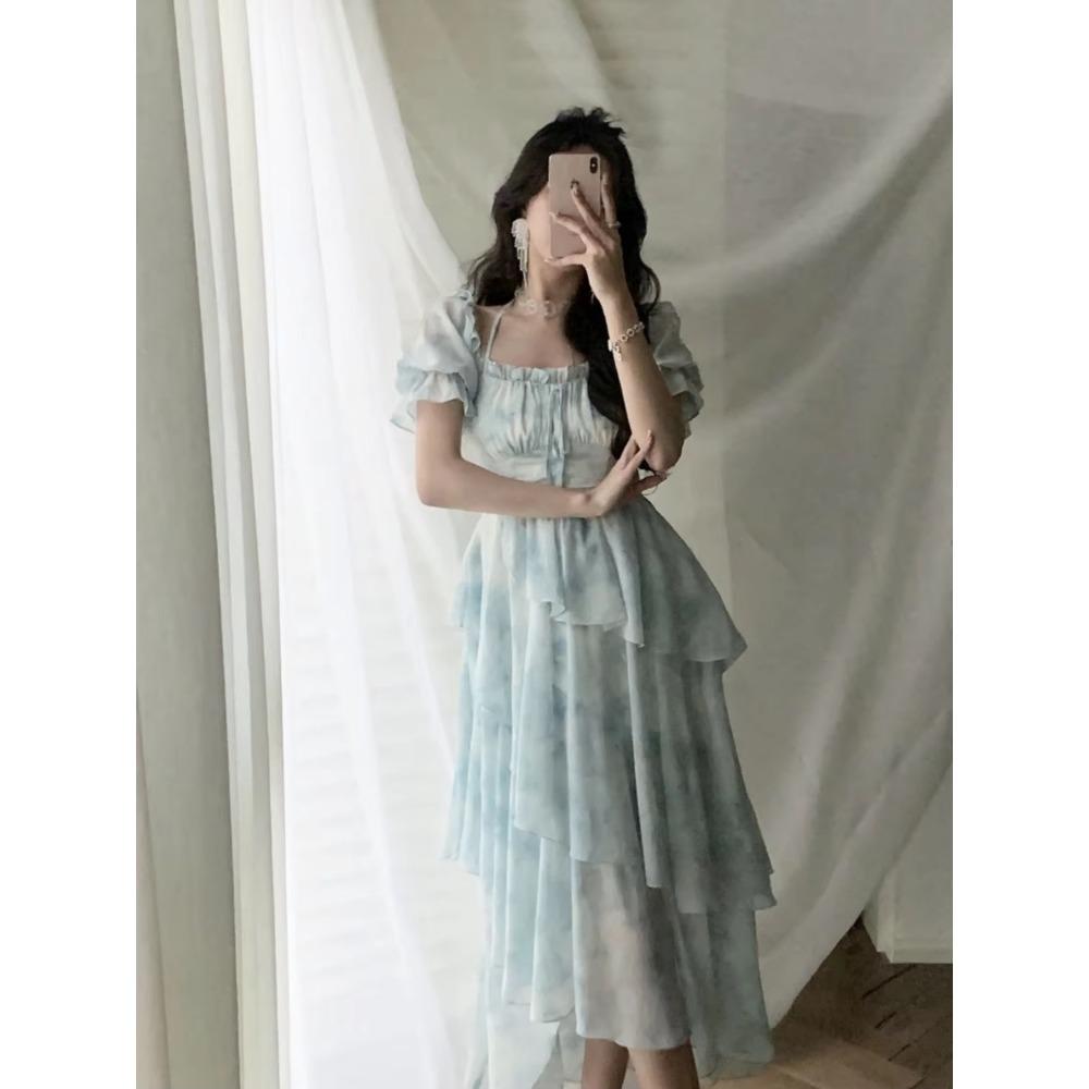 Irregular Chiffon Dress Summer New Design Feeling Fairy Waist Cinching Slimming Floral Dress