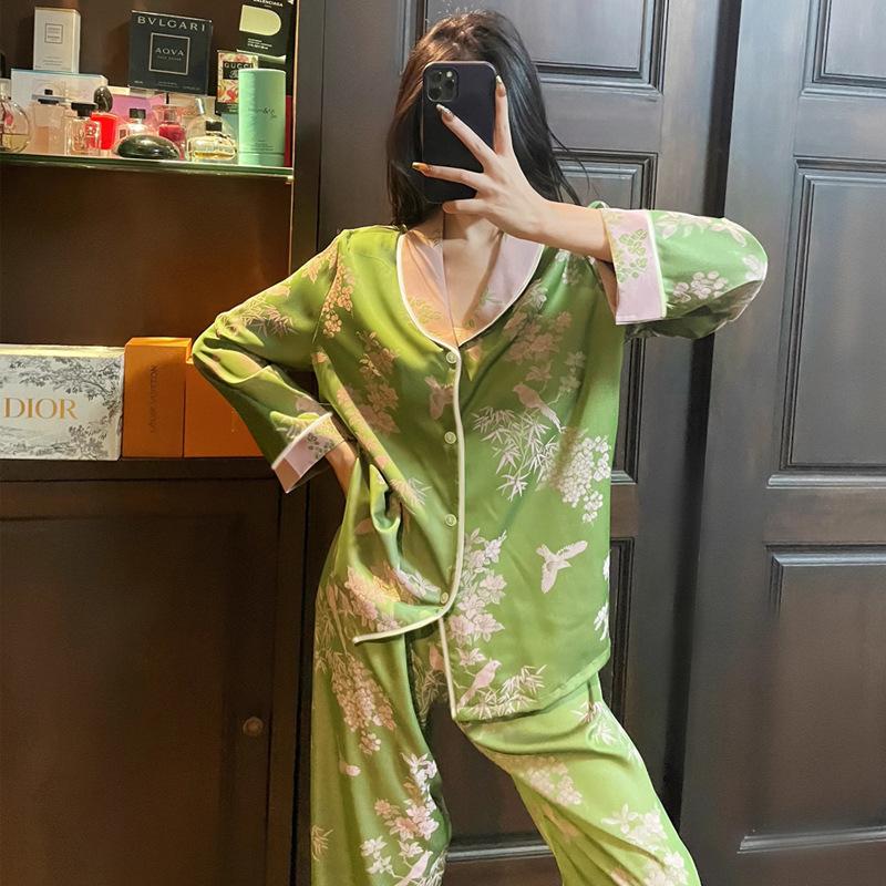 Fashion New Chinese Retro Ice Silk Pajamas Women'S Autumn Long-Sleeved Suit High-End Silk Loungewear Suit