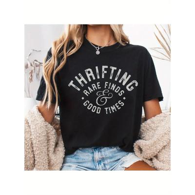 European Size Plus Size, Women'S Vintage Thrift Store T-Shirt - "Thrifting Rarely Found Good Times" Slogan & Heart Design - Soft Round Neck Casual Top