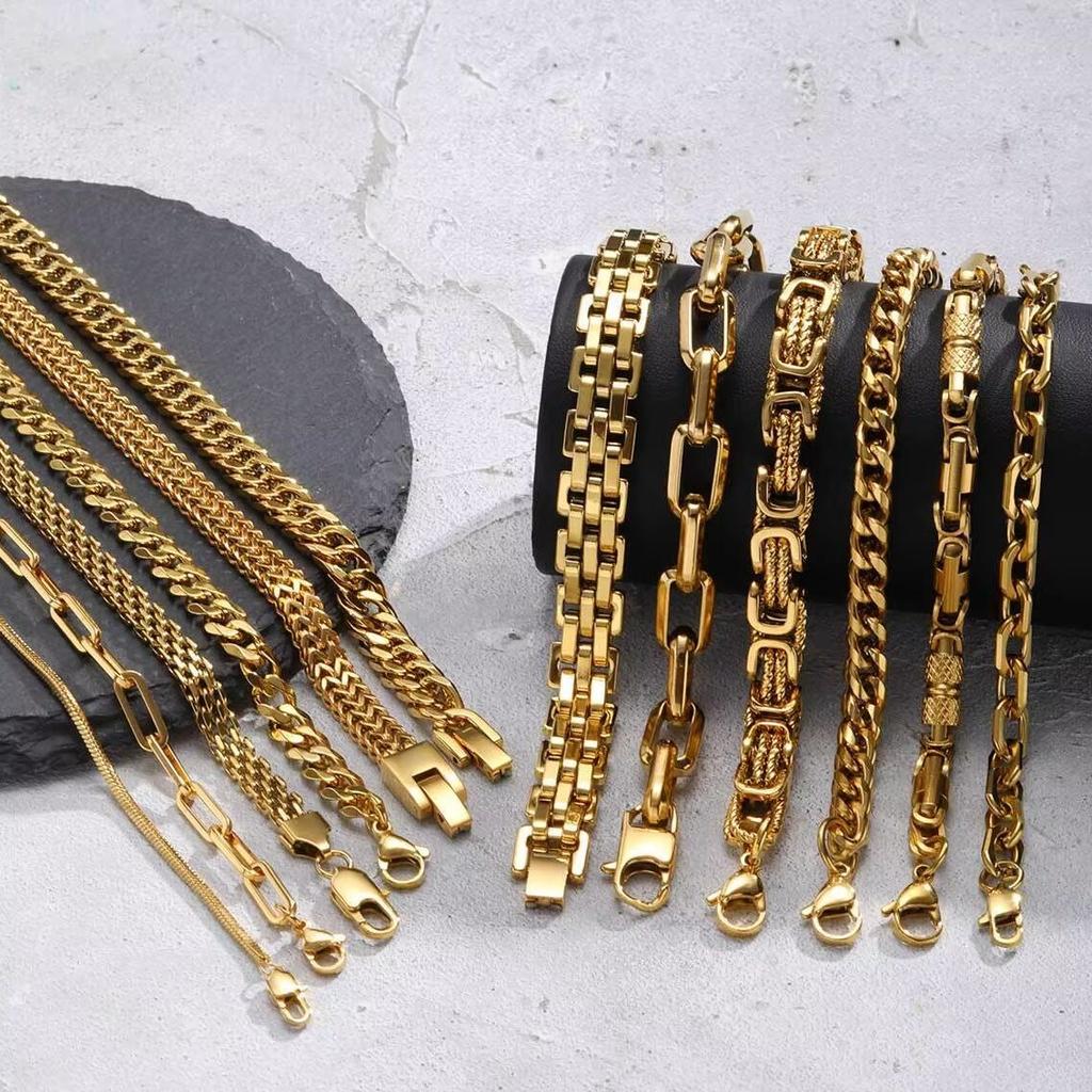 Gold Color Men's Chain Bracelet,Hiphop Stainless Steel Chunky Chain Wristband,Rock Punk Jewelry Gift for Dad Son BBF Him