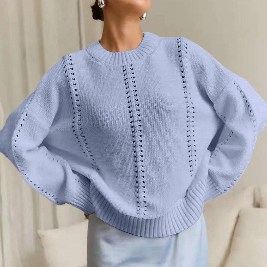 Women's Fashionable Casual Loose Lazy Style Hollow Pullover Long Sleeve Round Neck Sweater