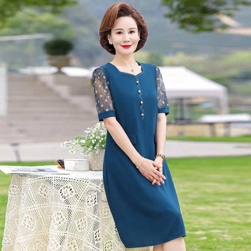 

Элегантное летнее платье 2024 года для женщин среднего возраста с рукавами из марли 3XL (125-135 jin) синий