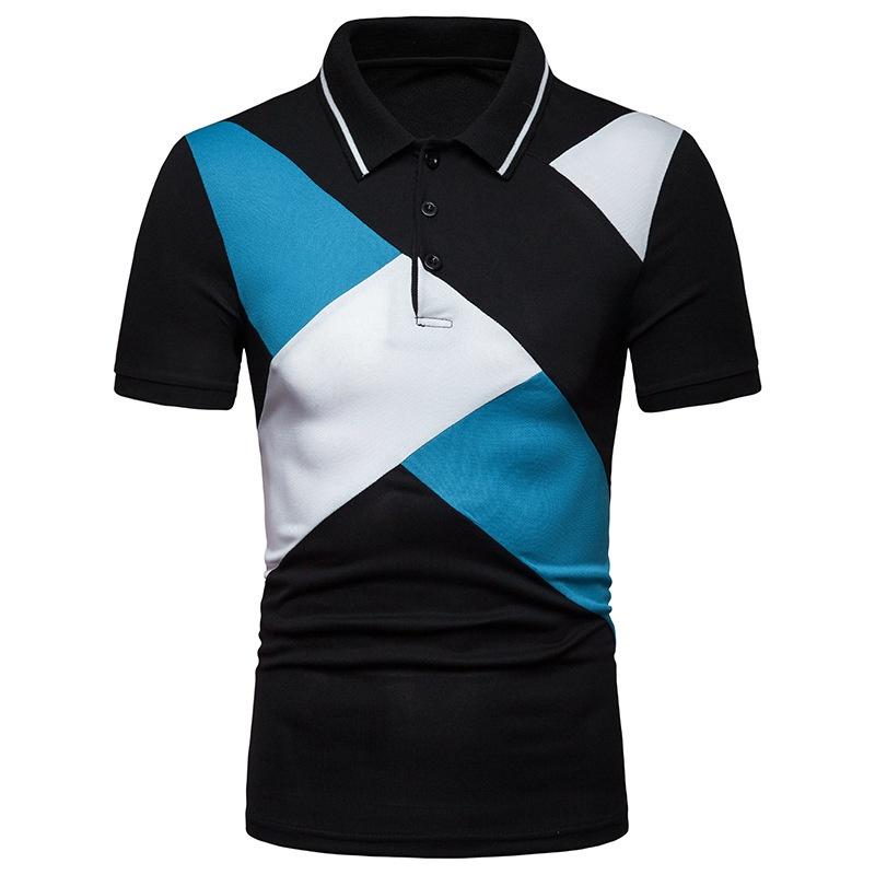 Classic Men's Lapel Tee Top Short Sleeve Splicing T Shirt With Premium Cotton Blend