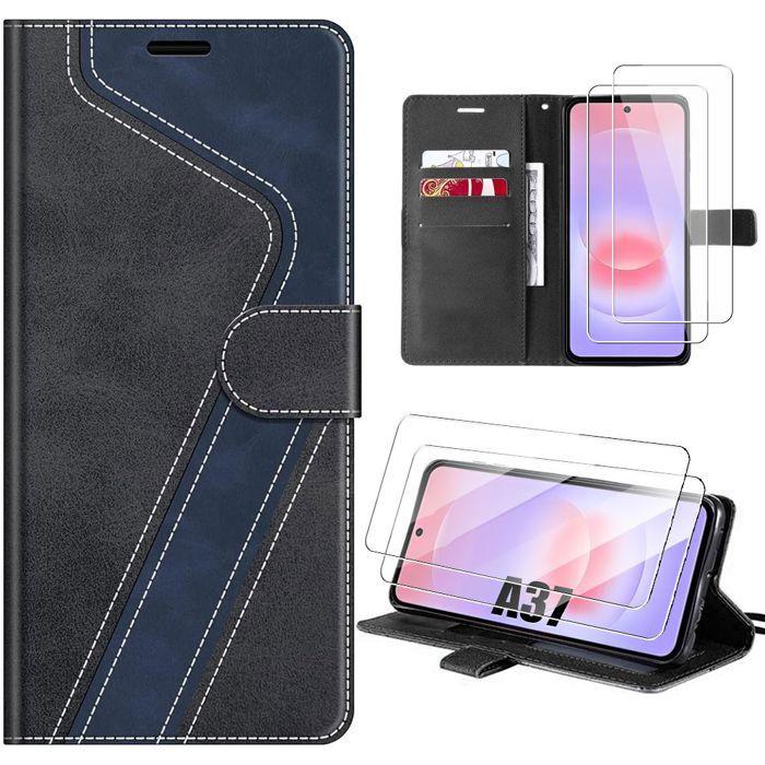 Flip Case - BOOLING - for Samsung Galaxy A37 5G - Black Blue PU Leather - 2 Tempered Glasses