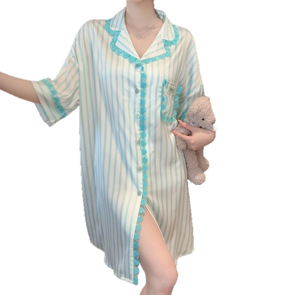 Spring and Summer New Love Striped Ice Silk Pajamas Women's Loose Fashion Shirt Skirt Short Sleeves Sweet Age Reduction Relaxation