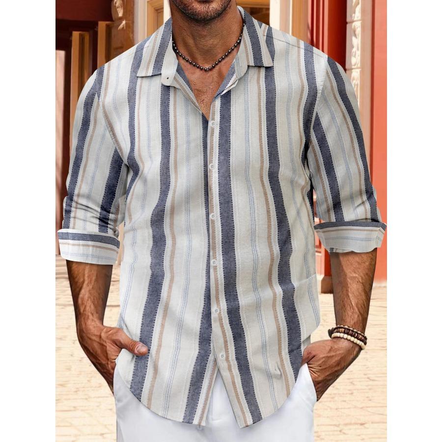 European Size Top Spring Autumn Striped Shirts Button Up Men's Casual Lapel Collar Long Sleeve Shirt