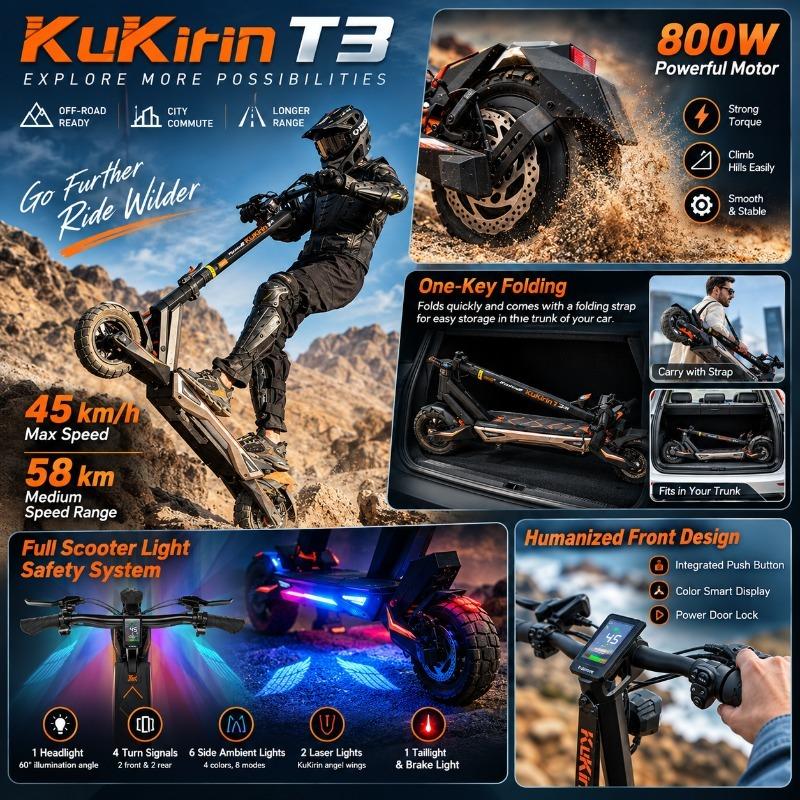 KuKirin T3 Electric Scooter for Adults, 800W Motor, 48V 15.6Ah Battery, 45KM/H Speed, 58KM Range, 10" Tubeless Tires, Foldable E-Scooter
