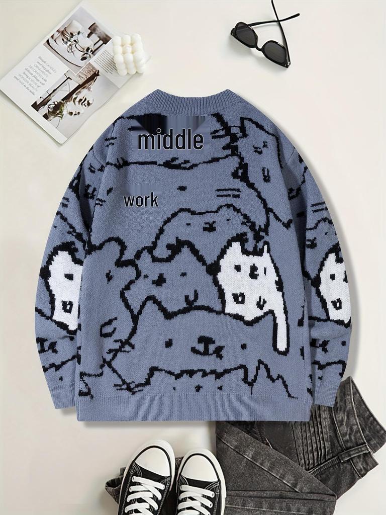 Men's Cute Cat Print Knit Pullover - Stylish Fall/Winter Round Neck Sweater