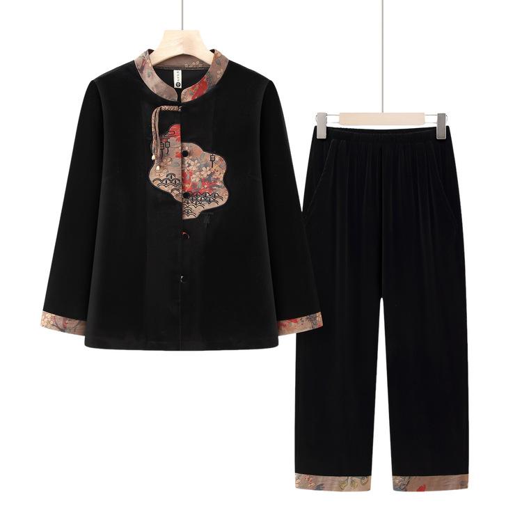 Grandma Spring Suit Gold Velvet Suit Elderly Chinese Style Long-sleeved Shirt Female Old Lady Clothes Mother Two-piece Set