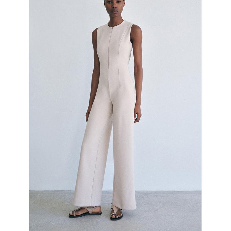 Spring and Summer New Women's Clothing Commute Minimalist Style round Neck Sleeveless Wide Leg High Waist Long Jumpsuit 3641007