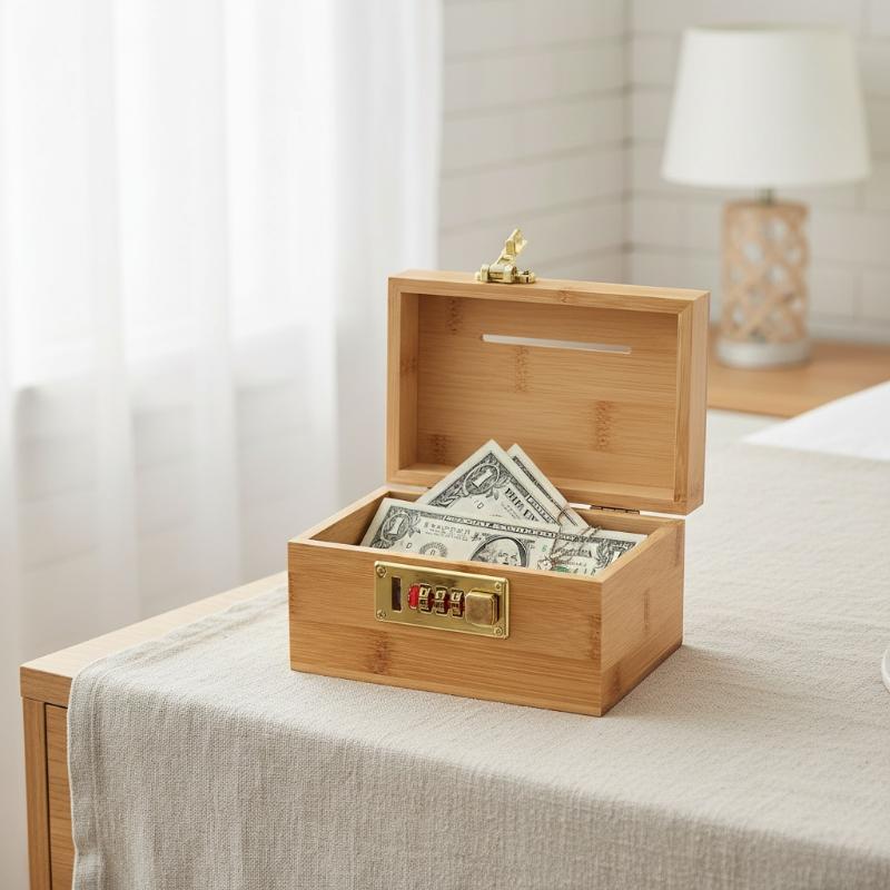Combination Lock Wooden Piggy Bank Savings Treasure Box with 3 Digit Code Secure Small Safe for Kids Money Storage Box Home
