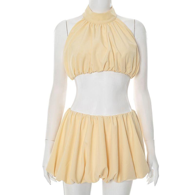 Outfitgirl5 Yellow Halter Backless Ultra Short Vest Bubble Skirt Short Skirt Casual Vacation Style Suit