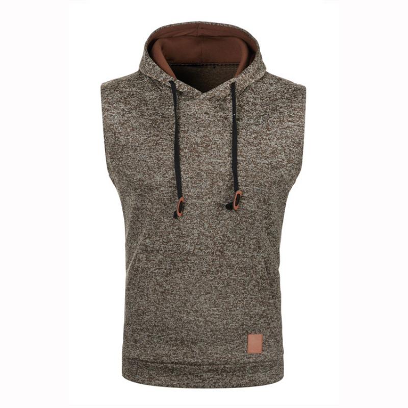 Spring Autumn Men's Sleeveless Hooded Vest Casual Heather Knit Pullover Drawstring Hood