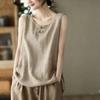 Ethnic Retro Solid Color Cotton Linen Loose Round Neck Frog Button Tank Top Women Outer Wear Casual Top
