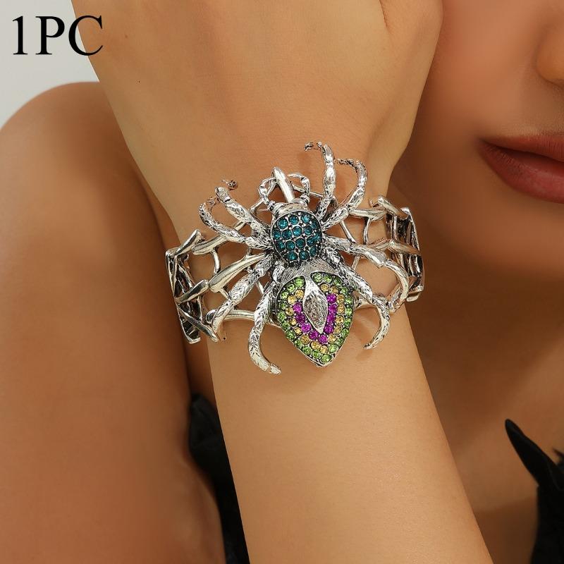 1 Stück Punk Spinnen-Thema Persönlichkeit Armband - Schwerlast Zinklegierung Schwarz Rot Strass Spinnennetz mit Spinnenanhänger, Elastisches Band Design