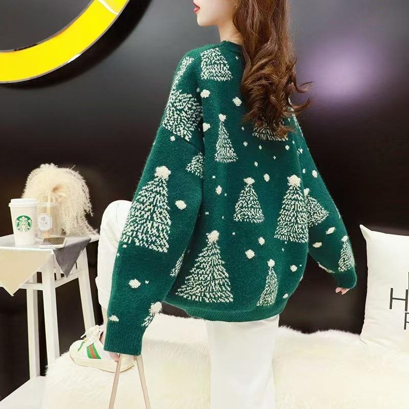 Autumn and winter new round neck pullover loose lazy style Christmas design versatile knitted sweater top women