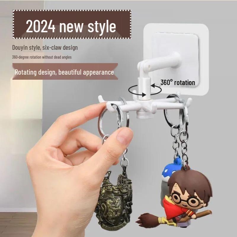 Вращающийся кухонный крючок без сверления с сильным клеем - Многофункциональный настенный крючок Black Six-Claw Hook