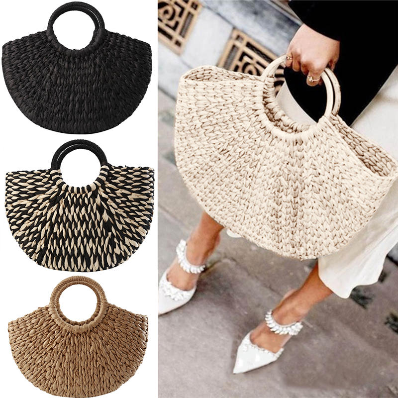 Women'S Wicker Handbag Semicircle Bags Totes Beach Straw Woven Rattan Bag Retro Rattan Bag Handknitting