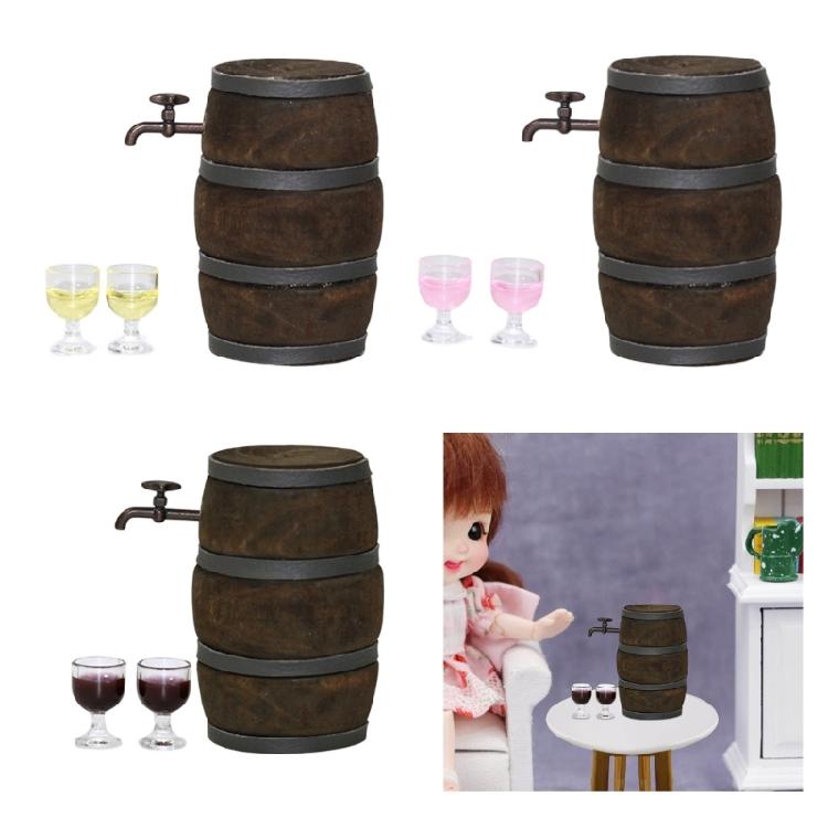 Wooden Wine Barrels and Faucet Wine Glasses for 1/12 Doll House Decoration Miniature Scene Building Furniture Model