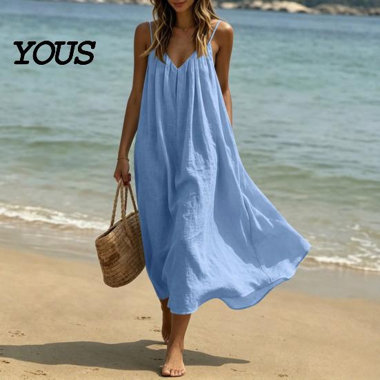 Women Beach Dress Women's Spaghetti Strap Sundress, Summer Sleeveless V Flowy Neck Cami Dress, Loose Vacation Long Soft Fabric