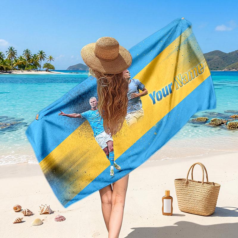 Erling Haaland Custom Beach Towel, Personalized Name Text Print, Football Logo Soft Quick‑Dry Towel Holiday Gift