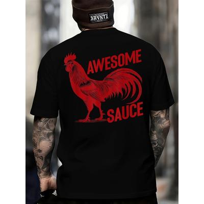 Europäische Größen Herren Vintage Lustiges Hahnenmotiv T-Shirt - Schwarzes Shirt mit rotem "Awesome Sauce" Rückendruck, Wochenendkleidung, Retro-Ästhetik