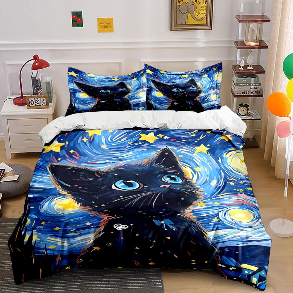 Starry Night Black Cat Print Bedding Duvet Cover Set (1*Duvet Cover 2*Pillowcases, without duvet insert)