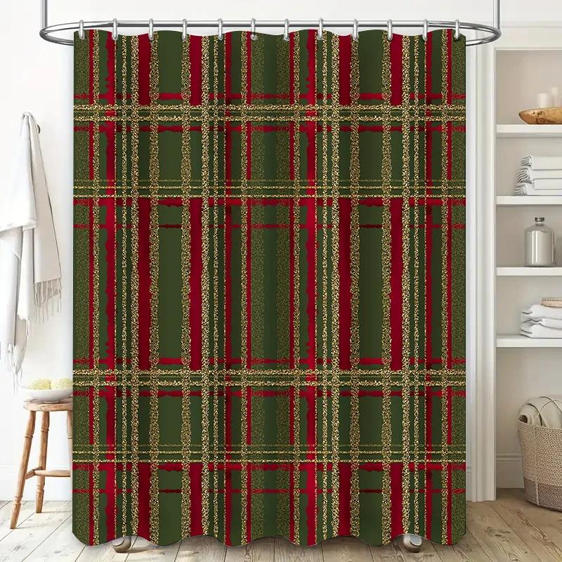 GAEElegant Plaid Shower Curtain, Dark Green and Burgundy Checkered Pattern for a Modern Minimalist Christmas Bathroom Decor