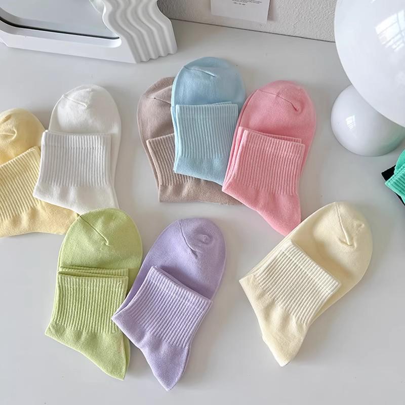 Women's Macaron Color Cotton Sports Socks - Breathable, Sweat-Absorbent, Anti-Pilling, Mid-Tube for Spring & Autumn