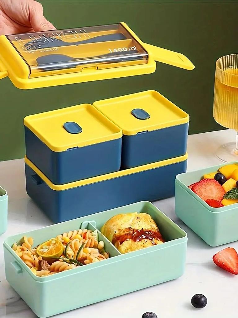 1pc-Lunch Box Thickened Plastic Divided Compartment Double Layer Meal Box Office Worker Bento Box Microwave Oven Available
