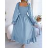 Women's Casual Color Square Neck Flared Sleeves, Large Swing Ruffle Edge Long Skirt Dress