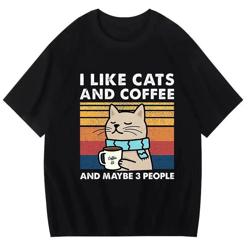 Fashionable Vintage AmericanStyle Men and Womens TShirt Summer TShirt Fun Cat Coffee Pattern Print Top Comfortable Cotton 2XL
