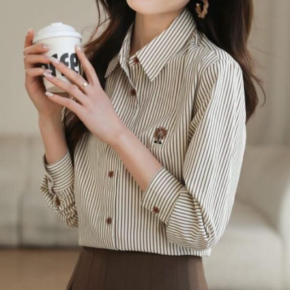 Navava Men Retro Embroidery Point Stripe Long Sleeve Shirt Nb2555