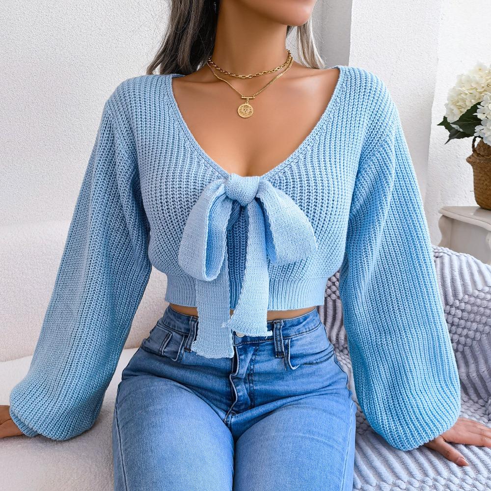 Elegant Bow Tie Detail Cropped Women Sweater V-Neck Long Sleeve Knit Tops Autumn Winter Casual Tops Female Sweet Fashion Clothing