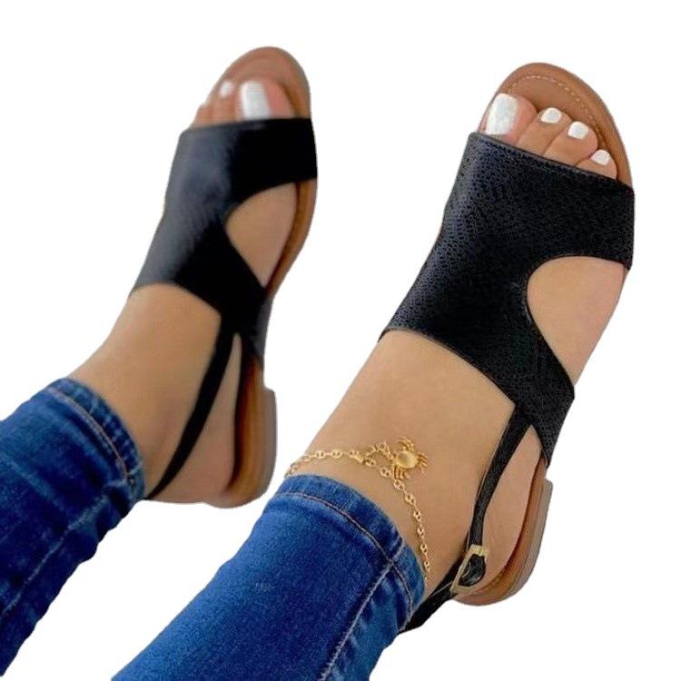 Foreign trade large size sandals women's 2025 European and American summer new solid color round head one-character buckle flat women's shoes