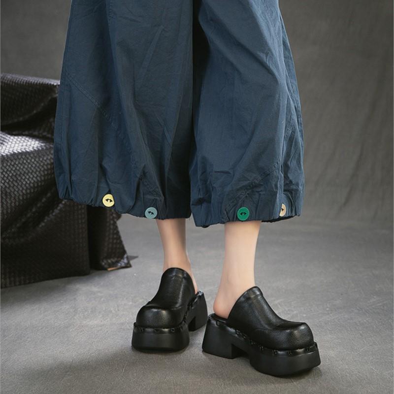 Johnature British Style Genuine Leather Round Toe Thick Heel Slippers Comfortable Thick Soled Women's Shoes