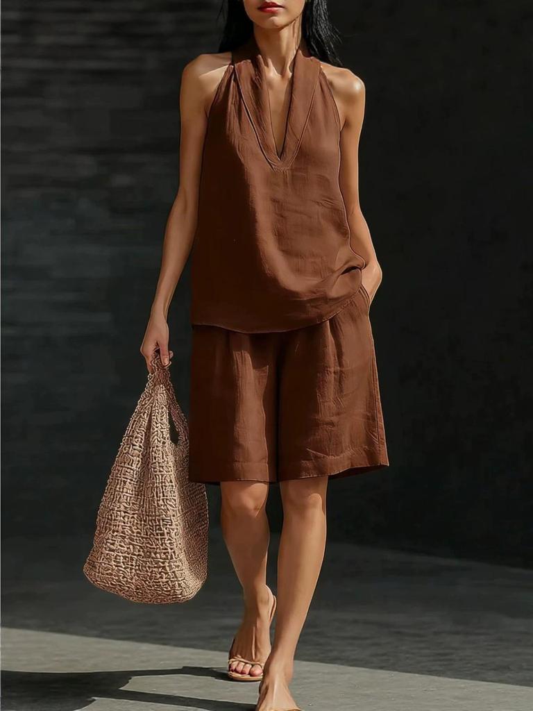 In Stock Women's Halter V-Neck Sleeveless Casual Fashion Set
