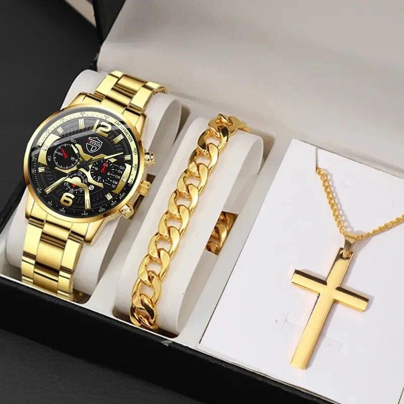

5PCS Set DEYROS Fashion Mens Calendar Watches Men Business Stainless Steel Quartz Wristwatch Male Casual Necklace Bracelet Watch