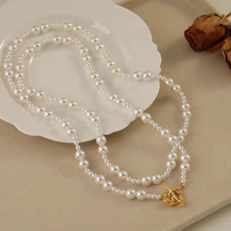 Long Alternating Pearl Necklace with OT Clasp - Stackable Sweater Chain, Autumn/Winter Jewelry (120cm) NL102