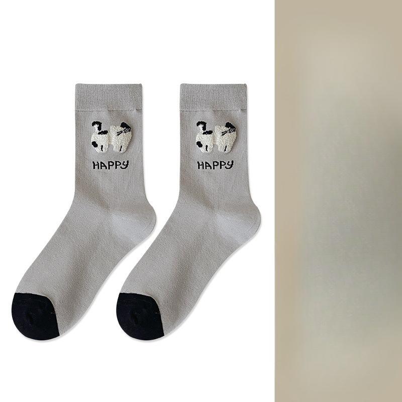Women's Mid-calf Socks, Cute Plush Puppy, Bow Pile Socks, Pure Cotton Anti-pilling Women's Long Socks