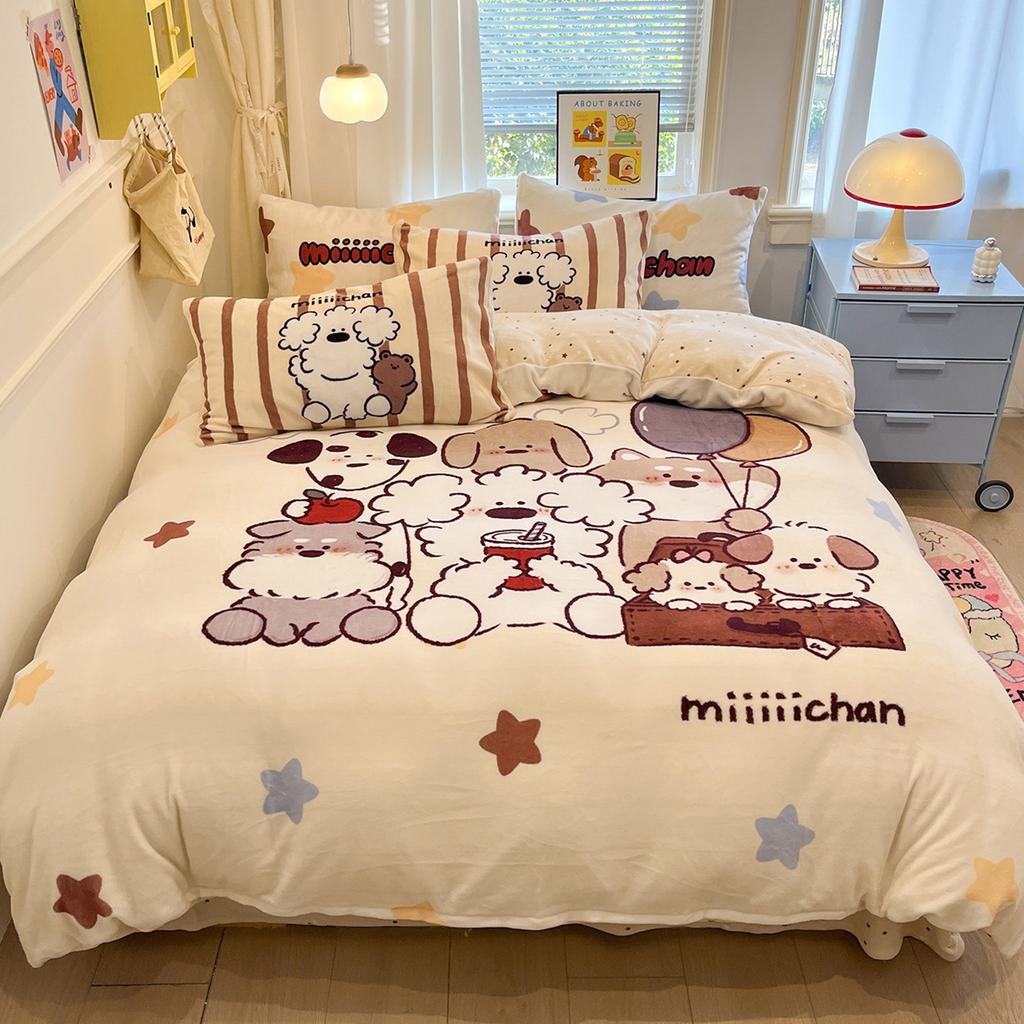 Thickened Milk Fleece Bed Four-Piece Set Coral Flannel Quilt Cover Children'S Bedding Sheets Three-Piece Set
