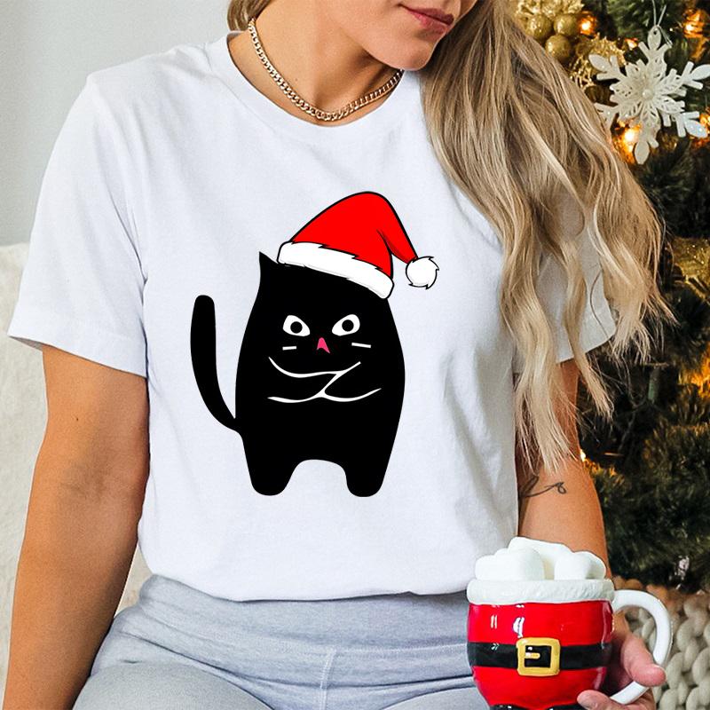 Christmas Black Santa Cat Trend Style Short Sleeve Tshirt Womens Christmas Gift Cute Animals Lovers Cartoon Classic Tshirts