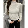 Autumn and Winter New Style Bow Embroidered Half-high Collar Plus Velvet Long-sleeved Women's Pleated Pinch Waist Slimming Inner Layering Shirt Top